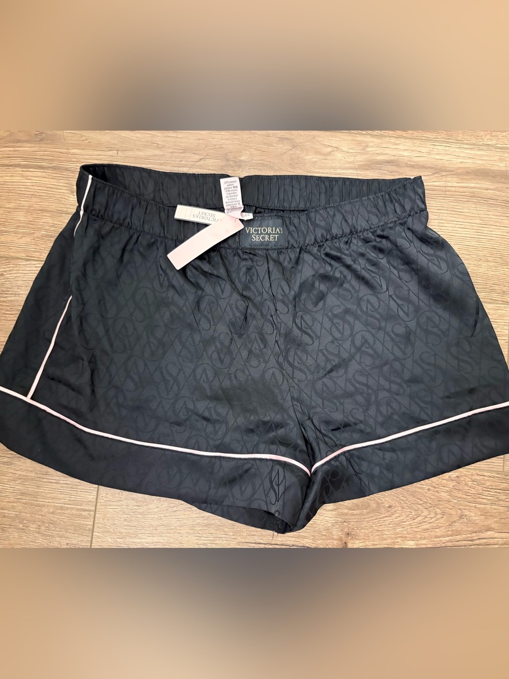 Nwt Victoria's Secret Black Satin Shorts with Pink Tag